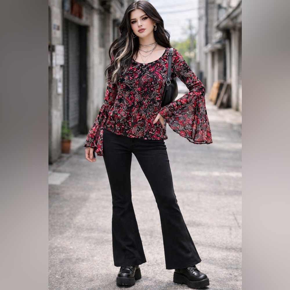 Y2k Cupio Boho Floral Burnout Velvet Fairy Whimsigoth Top Pink Black | Size S/P